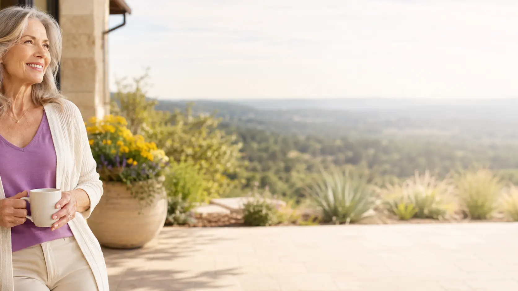 Active woman enjoying a bright view from an Austin Hill Country terrace