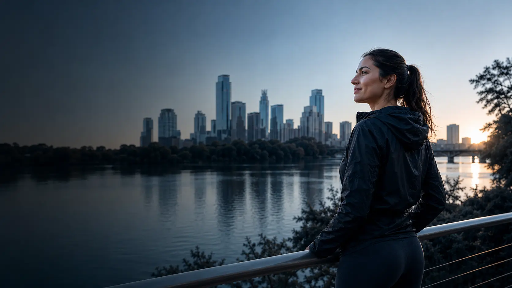 Woman enjoying the Austin skyline across Lady Bird Lake at sunrise